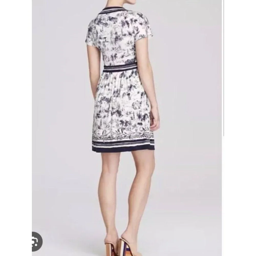 Tory Burch Silk Interlock Dress Blue Ivory Toile Print V-Neck Designer sz S/P